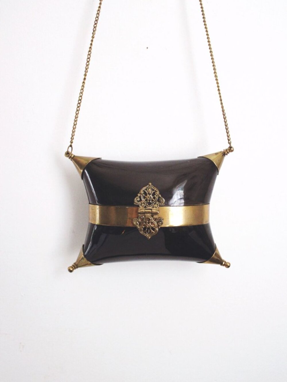 Vintage Black Gold Brass Pillow Purse Cushion Purse Minaudiere Art Deco Chain St - Picture 5 of 9